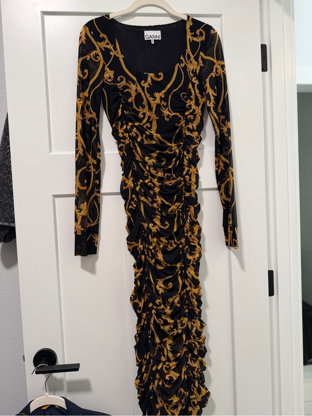 Ganni Black & Gold Baroque Ruched Midi Dress